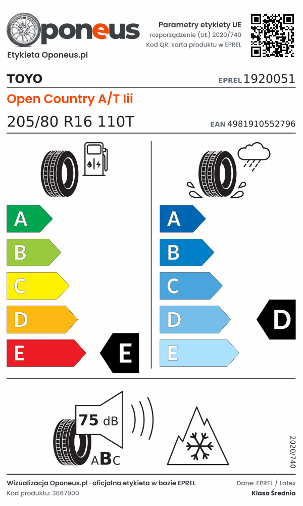 Parametry etykiety UE opony Toyo Open Country A/T Iii 205/80 R16 110T: efektywność paliwowa E, przyczepność na mokrej nawierzchni D, hałas 75 dB (klasa B), 3PMSF