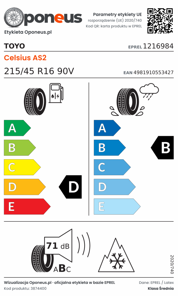 Parametry etykiety UE opony Toyo Celsius AS2 215/45 R16 90V: efektywność paliwowa D, przyczepność na mokrej nawierzchni B, hałas 71 dB (klasa B), 3PMSF