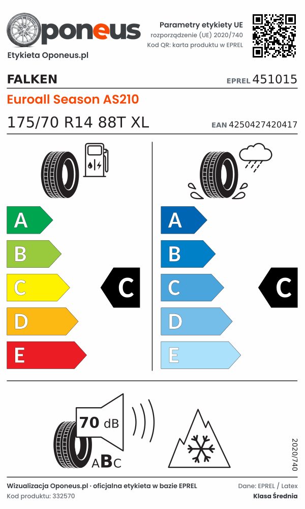 Parametry etykiety UE opony Falken Euroall Season AS210 175/70 R14 88T XL: efektywność paliwowa C, przyczepność na mokrej nawierzchni C, hałas 70 dB (klasa B), 3PMSF