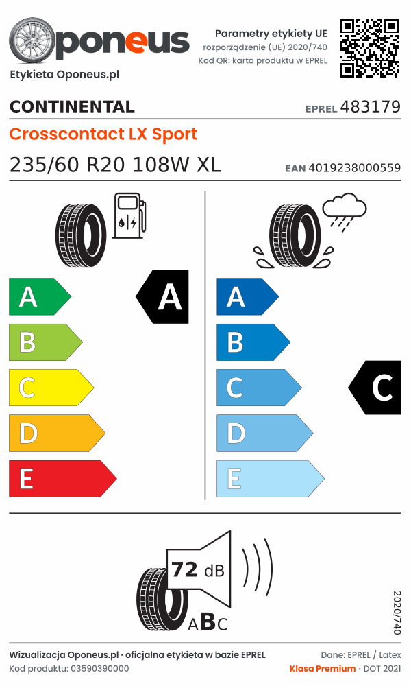 Parametry etykiety UE opony Continental Crosscontact LX Sport 235/60 R20 108W XL: efektywność paliwowa A, przyczepność na mokrej nawierzchni C, hałas 72 dB (klasa B)