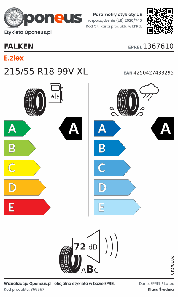 Parametry etykiety UE opony Falken E.ziex 215/55 R18 99V XL: efektywność paliwowa A, przyczepność na mokrej nawierzchni A, hałas 72 dB (klasa B)