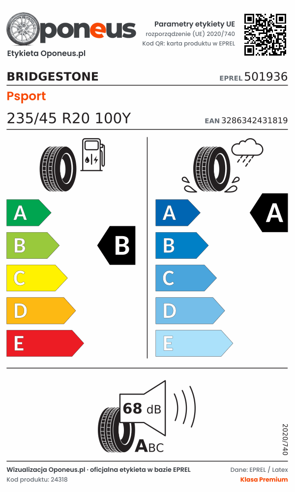Parametry etykiety UE opony Bridgestone Psport 235/45 R20 100Y: efektywność paliwowa B, przyczepność na mokrej nawierzchni A, hałas 68 dB (klasa A)