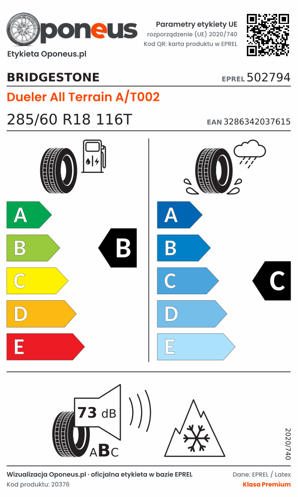 Parametry etykiety UE opony Bridgestone Dueler All Terrain A/T002 285/60 R18 116T: efektywność paliwowa B, przyczepność na mokrej nawierzchni C, hałas 73 dB (klasa B), 3PMSF