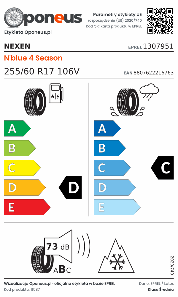 Parametry etykiety UE opony Nexen N'blue 4 Season 255/60 R17 106V: efektywność paliwowa D, przyczepność na mokrej nawierzchni C, hałas 73 dB (klasa B), 3PMSF