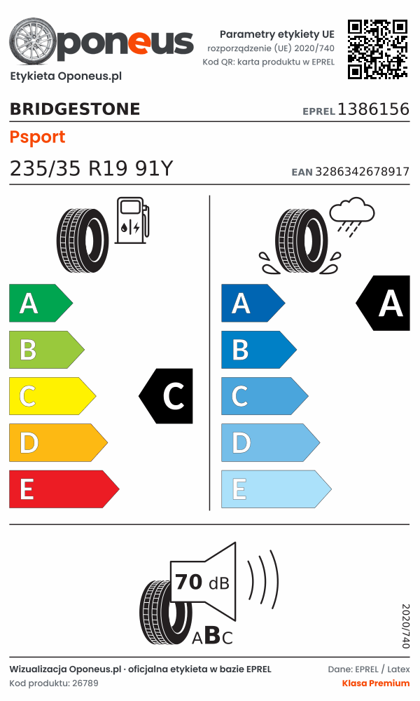 Parametry etykiety UE opony Bridgestone Psport 235/35 R19 91Y: efektywność paliwowa C, przyczepność na mokrej nawierzchni A, hałas 70 dB (klasa B)