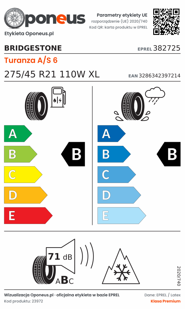 Parametry etykiety UE opony Bridgestone Turanza A/S 6 275/45 R21 110W XL: efektywność paliwowa B, przyczepność na mokrej nawierzchni B, hałas 71 dB (klasa B), 3PMSF