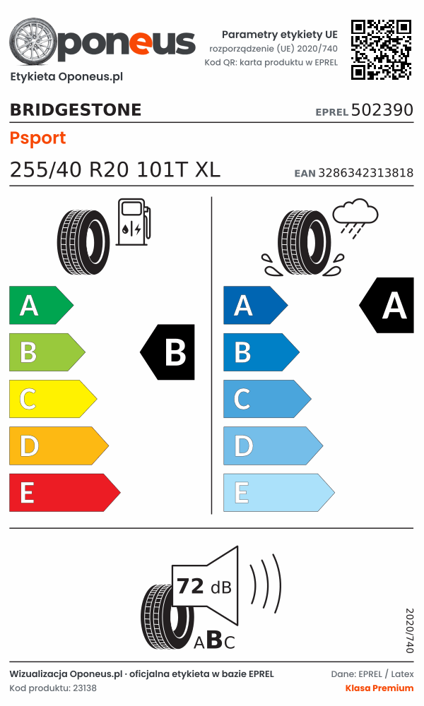 Parametry etykiety UE opony Bridgestone Psport 255/40 R20 101T XL: efektywność paliwowa B, przyczepność na mokrej nawierzchni A, hałas 72 dB (klasa B)