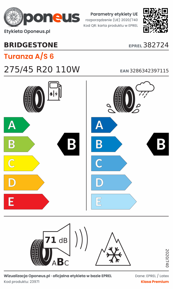 Parametry etykiety UE opony Bridgestone Turanza A/S 6 275/45 R20 110W: efektywność paliwowa B, przyczepność na mokrej nawierzchni B, hałas 71 dB (klasa B), 3PMSF