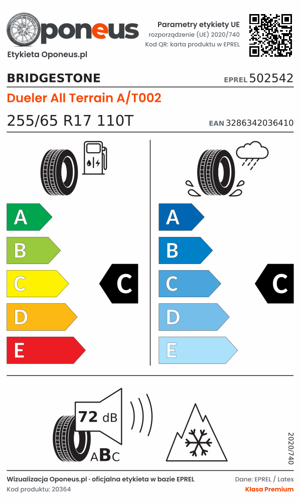 Parametry etykiety UE opony Bridgestone Dueler All Terrain A/T002 255/65 R17 110T: efektywność paliwowa C, przyczepność na mokrej nawierzchni C, hałas 72 dB (klasa B), 3PMSF