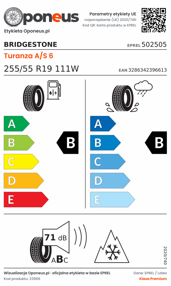 Parametry etykiety UE opony Bridgestone Turanza A/S 6 255/55 R19 111W: efektywność paliwowa B, przyczepność na mokrej nawierzchni B, hałas 71 dB (klasa B), 3PMSF