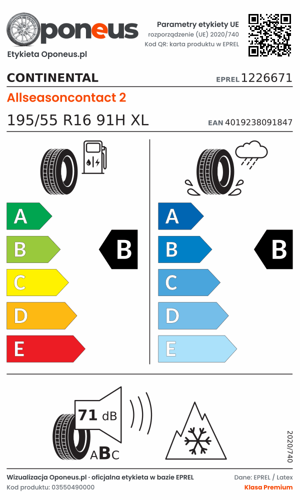 Parametry etykiety UE opony Continental Allseasoncontact 2 195/55 R16 91H XL: efektywność paliwowa B, przyczepność na mokrej nawierzchni B, hałas 71 dB (klasa B), 3PMSF