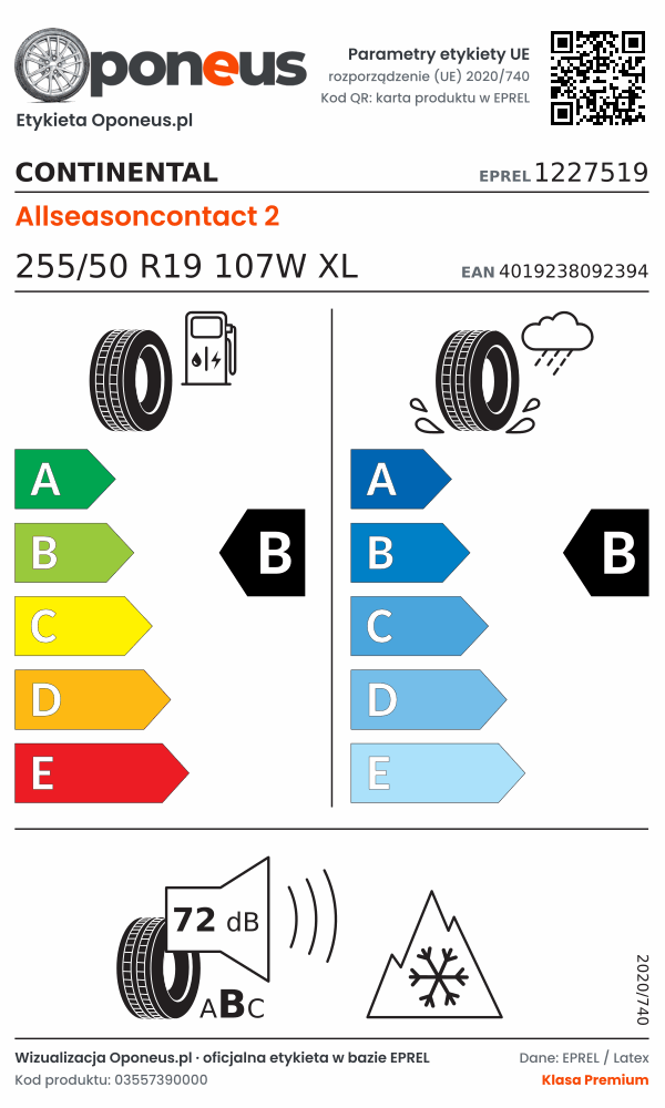 Parametry etykiety UE opony Continental Allseasoncontact 2 255/50 R19 107W XL: efektywność paliwowa B, przyczepność na mokrej nawierzchni B, hałas 72 dB (klasa B), 3PMSF