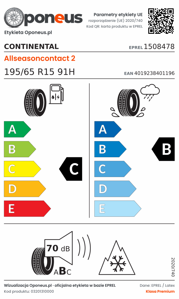 Parametry etykiety UE opony Continental Allseasoncontact 2 195/65 R15 91H: efektywność paliwowa C, przyczepność na mokrej nawierzchni B, hałas 70 dB (klasa B), 3PMSF
