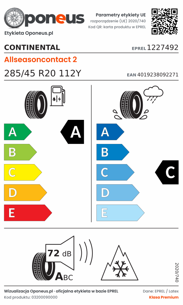 Parametry etykiety UE opony Continental Allseasoncontact 2 285/45 R20 112Y: efektywność paliwowa A, przyczepność na mokrej nawierzchni C, hałas 72 dB (klasa A), 3PMSF