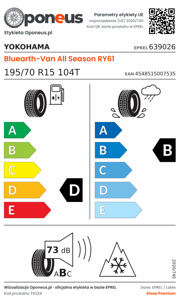 Parametry etykiety UE opony Yokohama Bluearth-Van All Season RY61 195/70 R15 104T: efektywność paliwowa D, przyczepność na mokrej nawierzchni B, hałas 73 dB (klasa B), 3PMSF