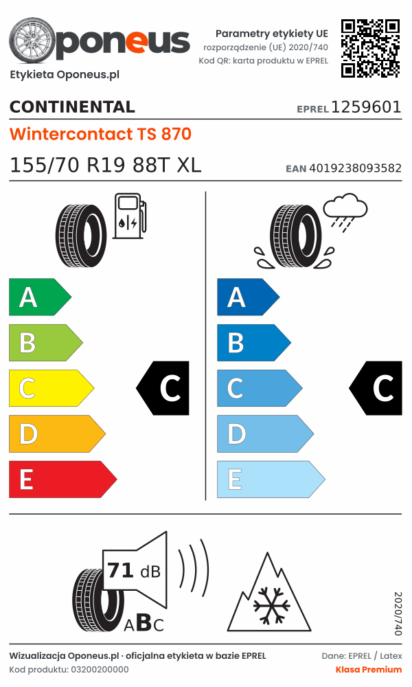 Parametry etykiety UE opony Continental Wintercontact TS 870 155/70 R19 88T XL: efektywność paliwowa C, przyczepność na mokrej nawierzchni C, hałas 71 dB (klasa B), 3PMSF