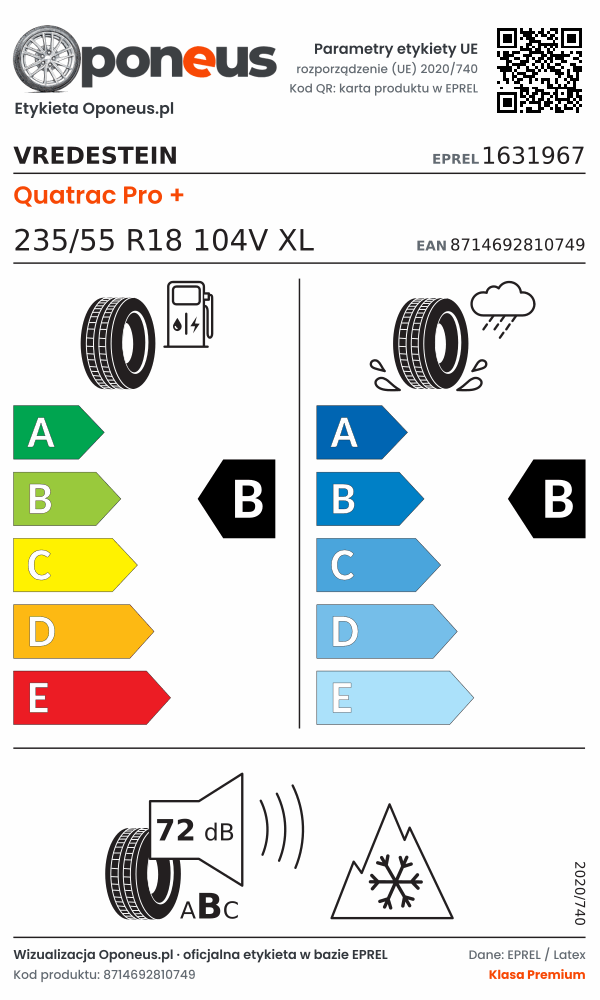 Parametry etykiety UE opony Vredestein Quatrac Pro + 235/55 R18 104V XL: efektywność paliwowa B, przyczepność na mokrej nawierzchni B, hałas 72 dB (klasa B), 3PMSF