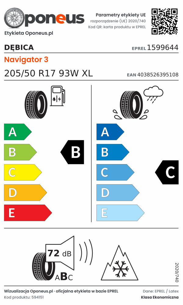 Parametry etykiety UE opony Dębica Navigator 3 205/50 R17 93W XL: efektywność paliwowa B, przyczepność na mokrej nawierzchni C, hałas 72 dB (klasa B), 3PMSF