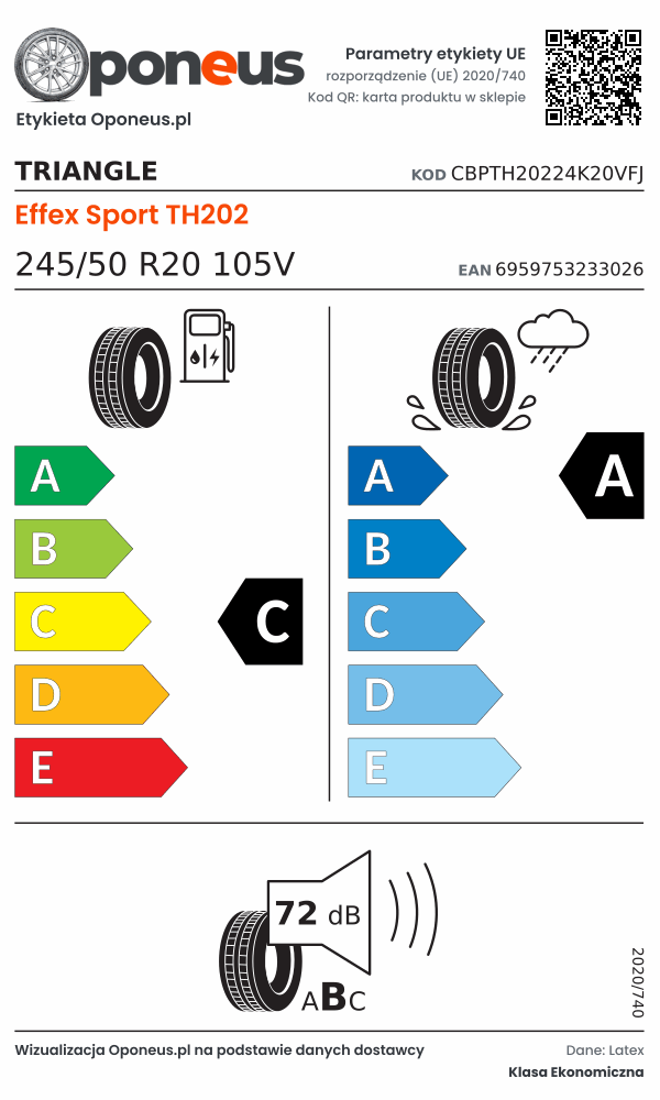 Parametry etykiety UE opony Triangle Effex Sport TH202 245/50 R20 105V: efektywność paliwowa C, przyczepność na mokrej nawierzchni A, hałas 72 dB (klasa B)