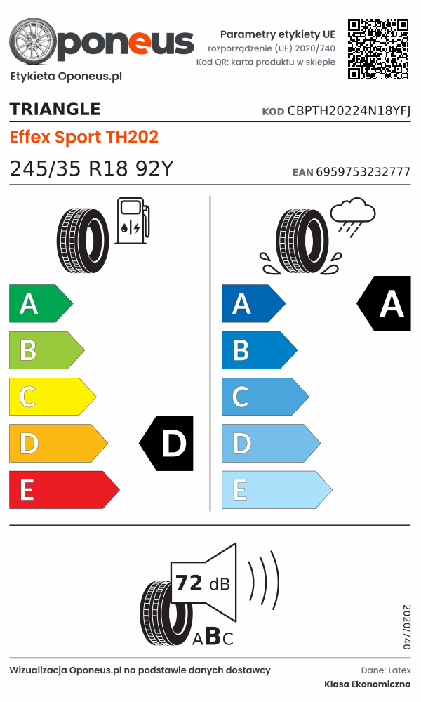 Parametry etykiety UE opony Triangle Effex Sport TH202 245/35 R18 92Y: efektywność paliwowa D, przyczepność na mokrej nawierzchni A, hałas 72 dB (klasa B)