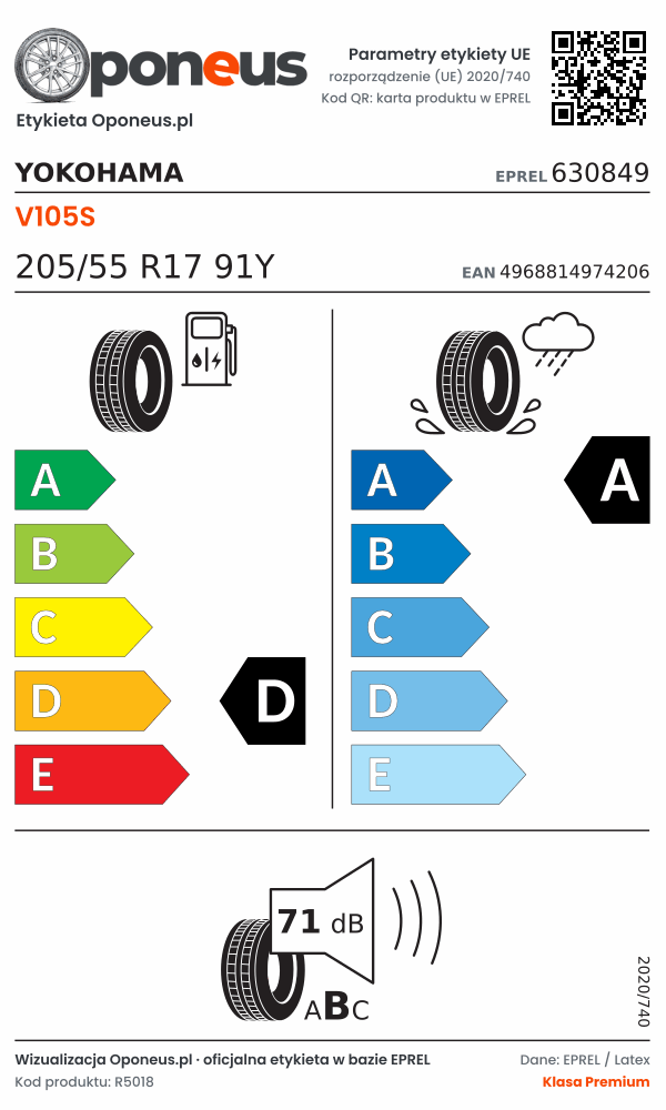 Parametry etykiety UE opony Yokohama V105S 205/55 R17 91Y: efektywność paliwowa D, przyczepność na mokrej nawierzchni A, hałas 71 dB (klasa B)