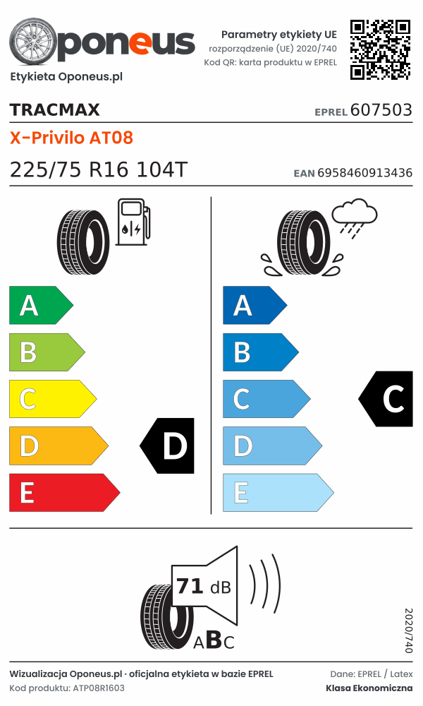 Parametry etykiety UE opony Tracmax X-Privilo AT08 225/75 R16 104T: efektywność paliwowa D, przyczepność na mokrej nawierzchni C, hałas 71 dB (klasa B)