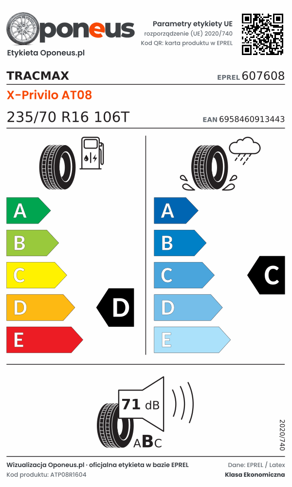 Parametry etykiety UE opony Tracmax X-Privilo AT08 235/70 R16 106T: efektywność paliwowa D, przyczepność na mokrej nawierzchni C, hałas 71 dB (klasa B)