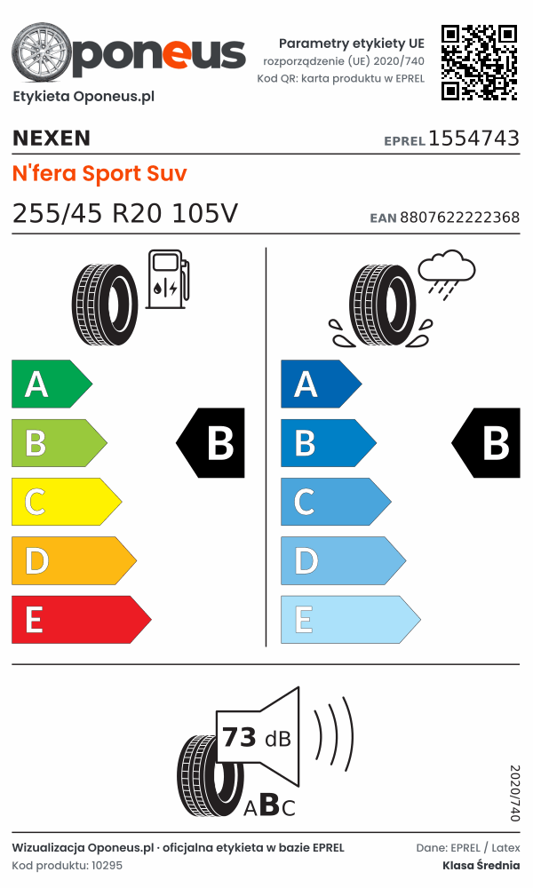 Parametry etykiety UE opony Nexen N'fera Sport Suv 255/45 R20 105V: efektywność paliwowa B, przyczepność na mokrej nawierzchni B, hałas 73 dB (klasa B)