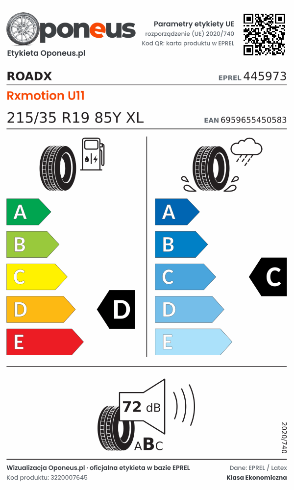 Parametry etykiety UE opony RoadX Rxmotion U11 215/35 R19 85Y XL: efektywność paliwowa D, przyczepność na mokrej nawierzchni C, hałas 72 dB (klasa B)