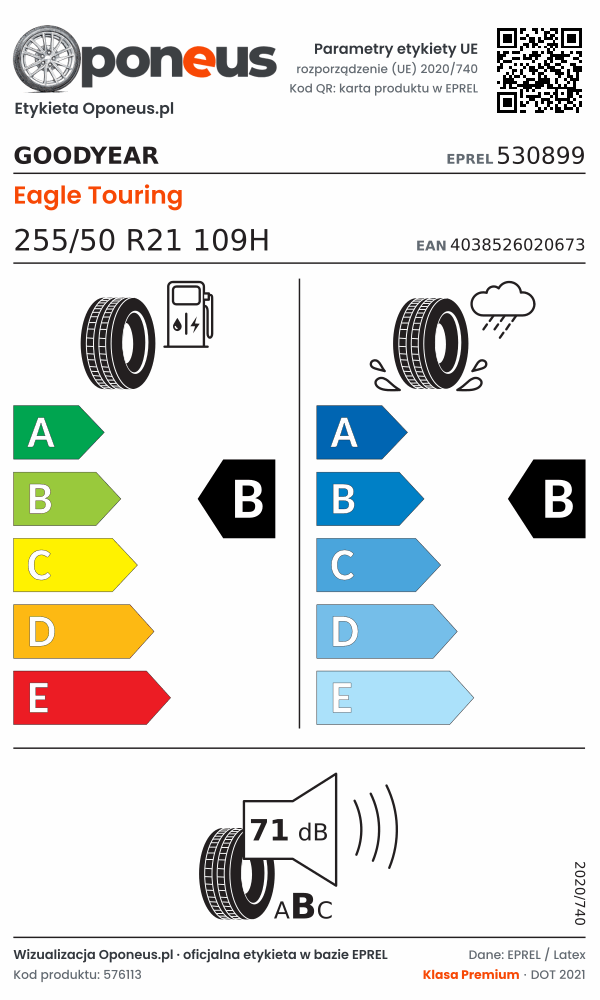 Parametry etykiety UE opony Goodyear Eagle Touring 255/50 R21 109H: efektywność paliwowa B, przyczepność na mokrej nawierzchni B, hałas 71 dB (klasa B)