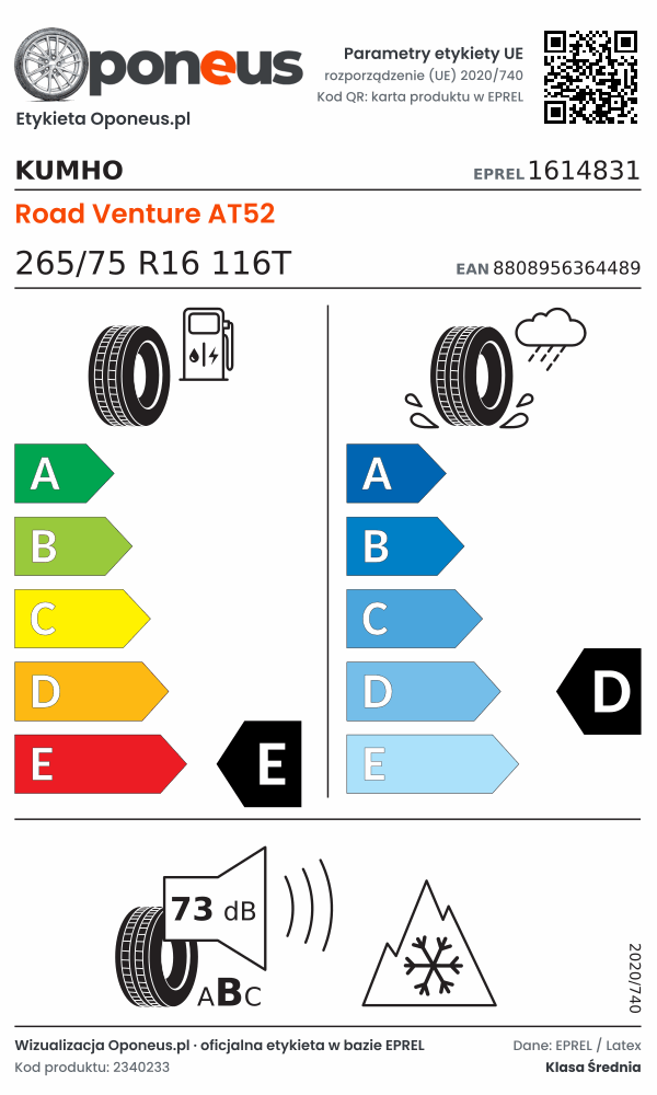 Parametry etykiety UE opony Kumho Road Venture AT52 265/75 R16 116T: efektywność paliwowa E, przyczepność na mokrej nawierzchni D, hałas 73 dB (klasa B), 3PMSF