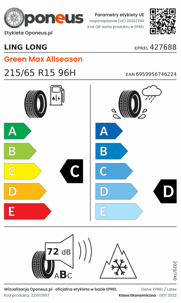 Parametry etykiety UE opony Ling Long Green Max Allseason 215/65 R15 96H: efektywność paliwowa C, przyczepność na mokrej nawierzchni D, hałas 72 dB (klasa B), 3PMSF