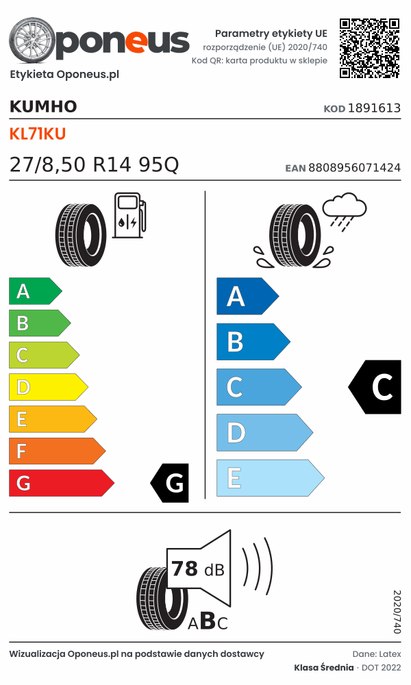 Parametry etykiety UE opony Kumho KL71KU 27/8,50 R14 95Q: efektywność paliwowa G, przyczepność na mokrej nawierzchni C, hałas 78 dB (klasa B)