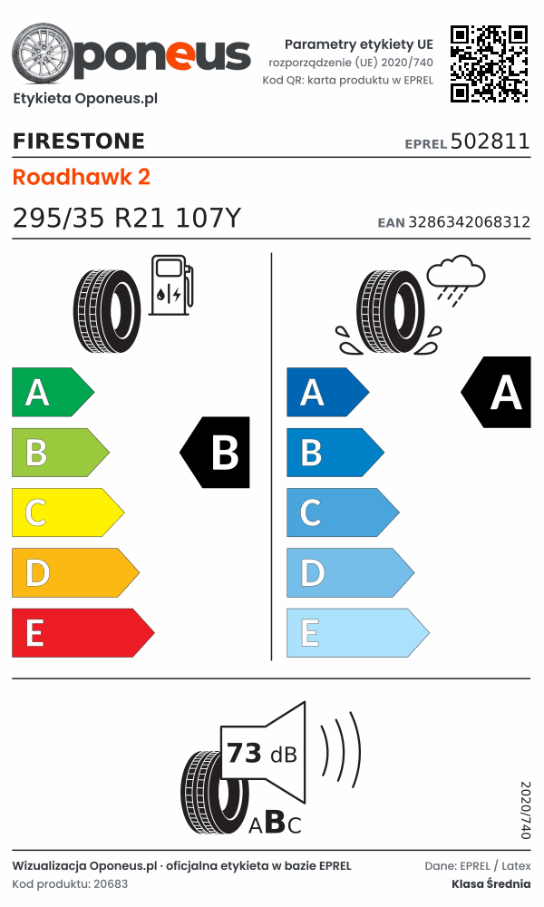 Parametry etykiety UE opony Firestone Roadhawk 2 295/35 R21 107Y: efektywność paliwowa B, przyczepność na mokrej nawierzchni A, hałas 73 dB (klasa B)