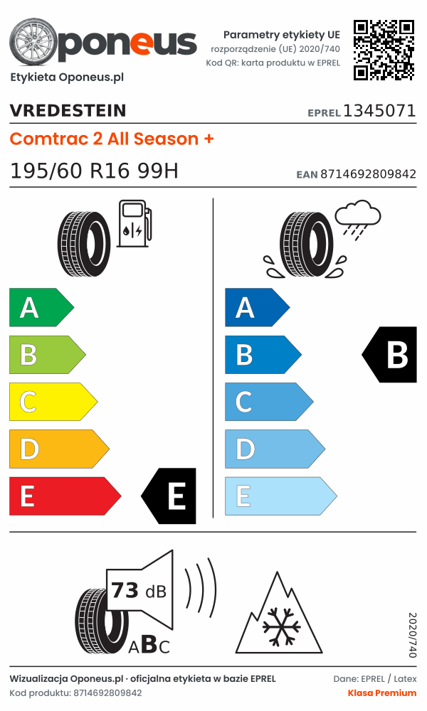 Parametry etykiety UE opony Vredestein Comtrac 2 All Season + 195/60 R16 99H: efektywność paliwowa E, przyczepność na mokrej nawierzchni B, hałas 73 dB (klasa B), 3PMSF