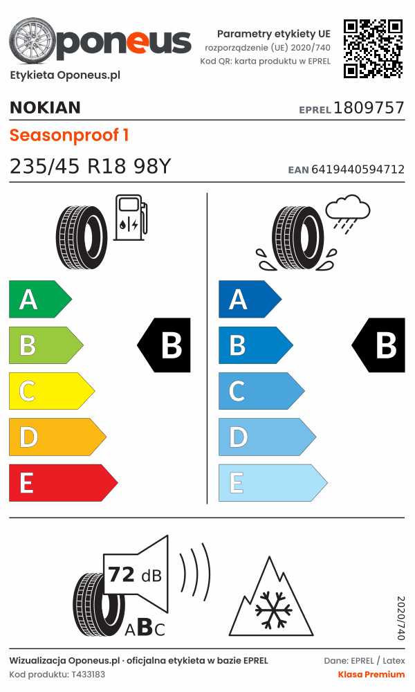 Parametry etykiety UE opony Nokian Seasonproof 1 235/45 R18 98Y: efektywność paliwowa B, przyczepność na mokrej nawierzchni B, hałas 72 dB (klasa B), 3PMSF