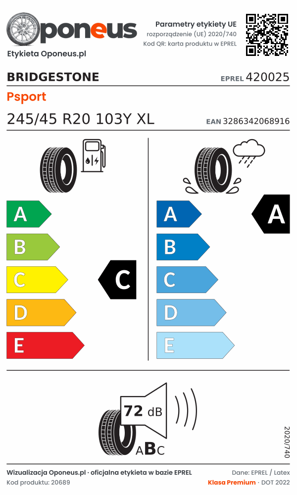 Parametry etykiety UE opony Bridgestone Psport 245/45 R20 103Y XL: efektywność paliwowa C, przyczepność na mokrej nawierzchni A, hałas 72 dB (klasa B)