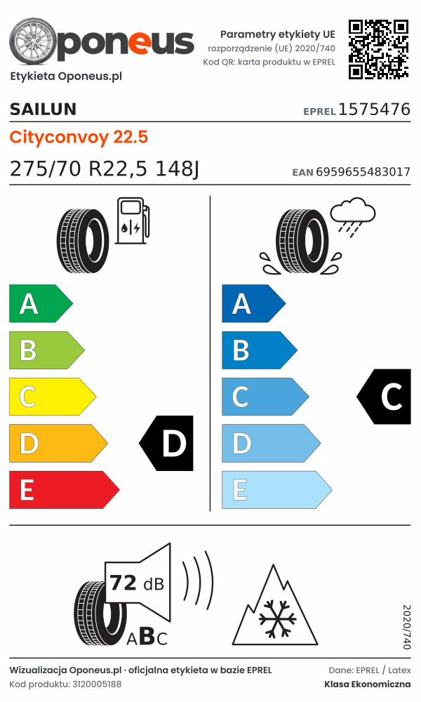 Parametry etykiety UE opony Sailun Cityconvoy 22.5 275/70 R22,5 148J: efektywność paliwowa D, przyczepność na mokrej nawierzchni C, hałas 72 dB (klasa B), 3PMSF