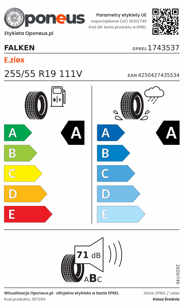 Parametry etykiety UE opony Falken E.ziex 255/55 R19 111V: efektywność paliwowa A, przyczepność na mokrej nawierzchni A, hałas 71 dB (klasa B)
