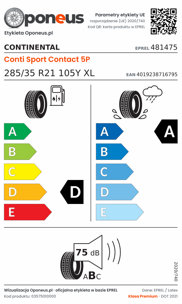 Parametry etykiety UE opony Continental Conti Sport Contact 5P 285/35 R21 105Y XL: efektywność paliwowa D, przyczepność na mokrej nawierzchni A, hałas 75 dB (klasa B)