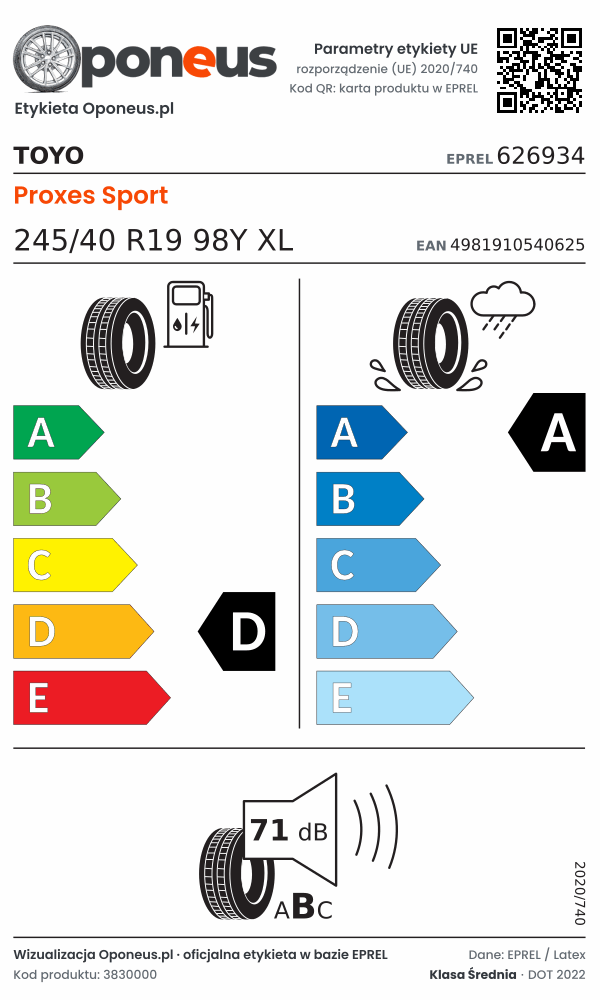 Parametry etykiety UE opony Toyo Proxes Sport 245/40 R19 98Y XL: efektywność paliwowa D, przyczepność na mokrej nawierzchni A, hałas 71 dB (klasa B)