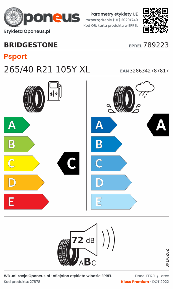 Parametry etykiety UE opony Bridgestone Psport 265/40 R21 105Y XL: efektywność paliwowa C, przyczepność na mokrej nawierzchni A, hałas 72 dB (klasa B)