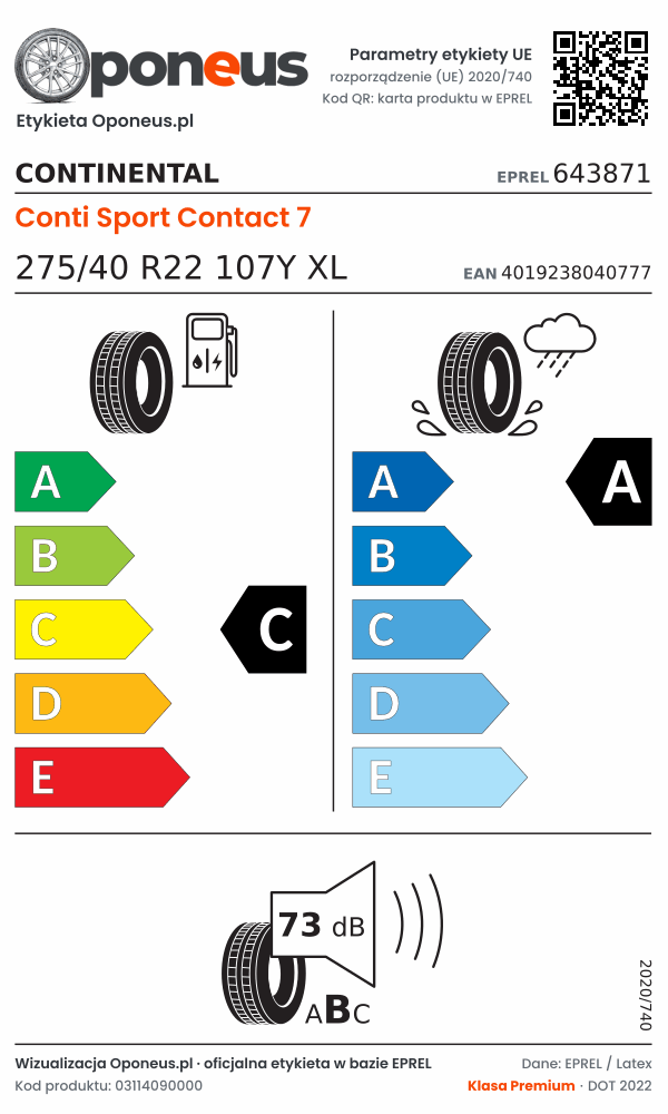 Parametry etykiety UE opony Continental Conti Sport Contact 7 275/40 R22 107Y XL: efektywność paliwowa C, przyczepność na mokrej nawierzchni A, hałas 73 dB (klasa B)