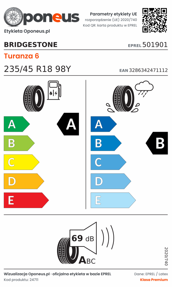Parametry etykiety UE opony Bridgestone Turanza 6 235/45 R18 98Y: efektywność paliwowa A, przyczepność na mokrej nawierzchni B, hałas 69 dB (klasa A)
