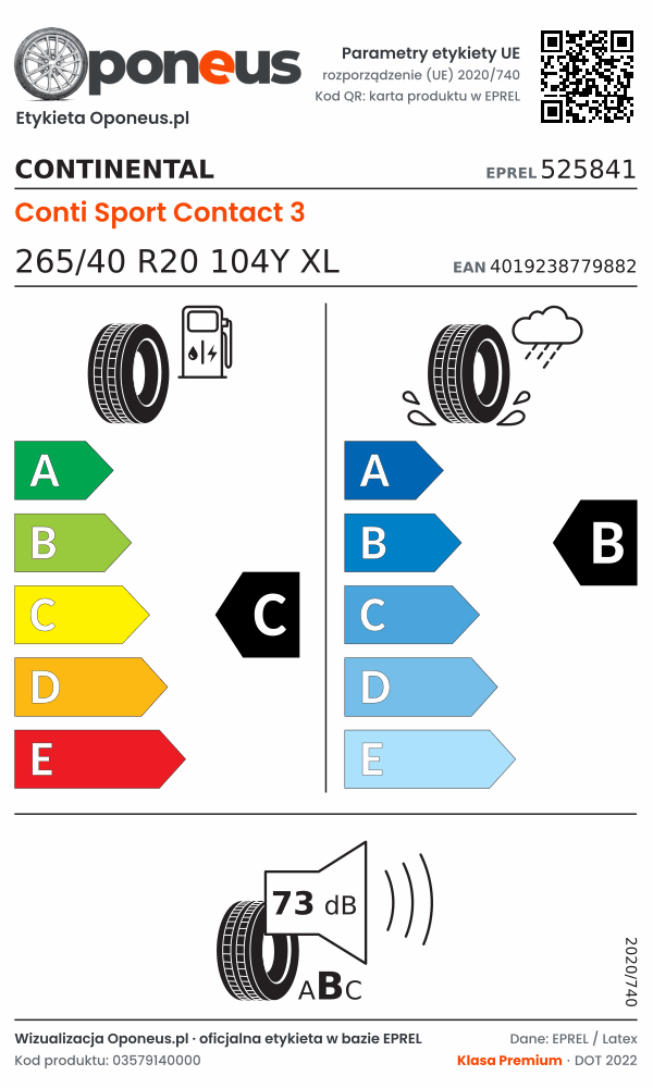 Parametry etykiety UE opony Continental Conti Sport Contact 3 265/40 R20 104Y XL: efektywność paliwowa C, przyczepność na mokrej nawierzchni B, hałas 73 dB (klasa B)