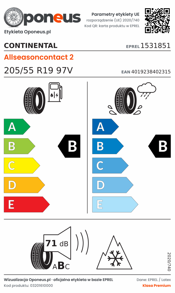 Parametry etykiety UE opony Continental Allseasoncontact 2 205/55 R19 97V: efektywność paliwowa B, przyczepność na mokrej nawierzchni B, hałas 71 dB (klasa B), 3PMSF