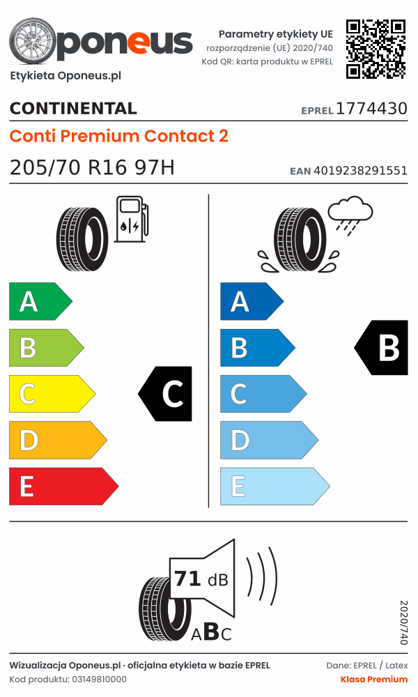 Parametry etykiety UE opony Continental Conti Premium Contact 2 205/70 R16 97H: efektywność paliwowa C, przyczepność na mokrej nawierzchni B, hałas 71 dB (klasa B)
