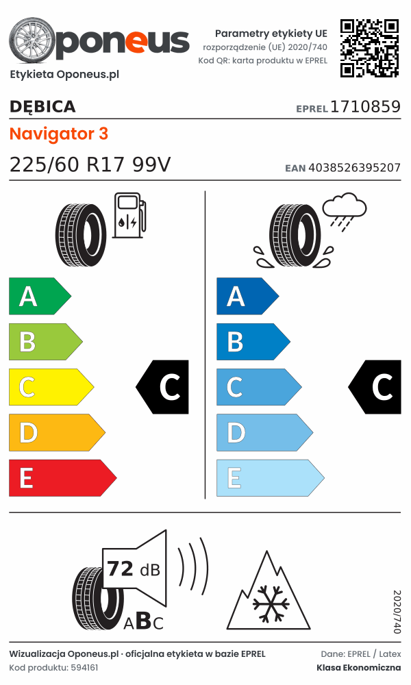Parametry etykiety UE opony Dębica Navigator 3 225/60 R17 99V: efektywność paliwowa C, przyczepność na mokrej nawierzchni C, hałas 72 dB (klasa B), 3PMSF