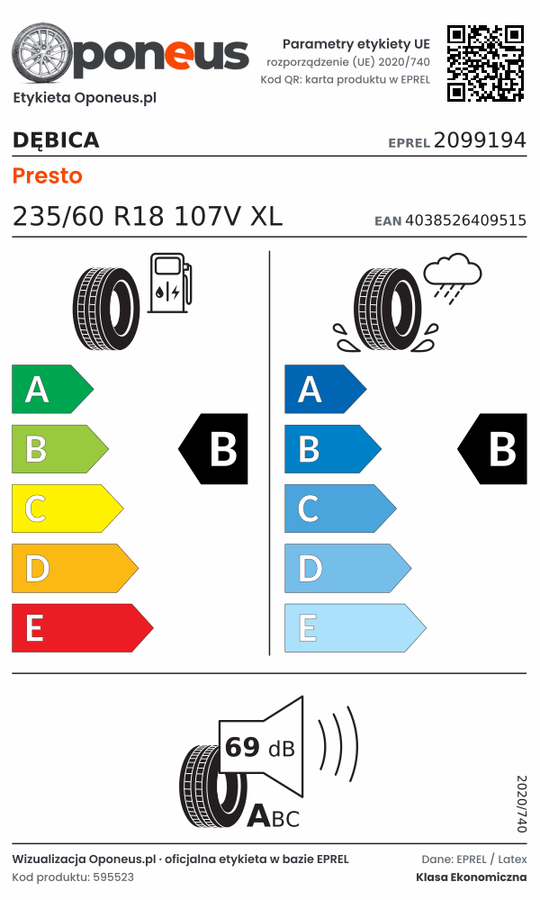 Parametry etykiety UE opony Dębica Presto 235/60 R18 107V XL: efektywność paliwowa B, przyczepność na mokrej nawierzchni B, hałas 69 dB (klasa A)