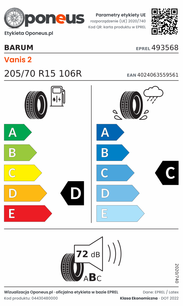 Parametry etykiety UE opony Barum Vanis 2 205/70 R15 106R: efektywność paliwowa D, przyczepność na mokrej nawierzchni C, hałas 72 dB (klasa B)
